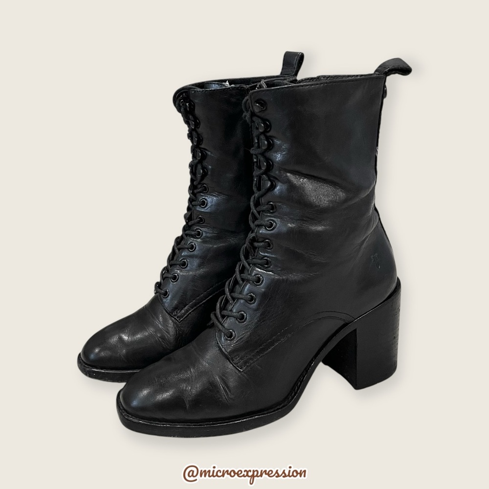 $399 Frye Pia Black Leather Combat Lace Up Moto Goth Block Heel Ankle Bootie - Picture 8 of 15